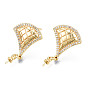 Brass Micro Pave Cubic Zirconia Stud Earring Findings, with 925 Sterling Silver Pins and Cup Peg Bails, for Half Drilled Bead, Cadmium Free & Nickel Free & Lead Free, Grooved Fan