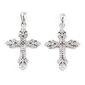 Rhodium Plated 925 Sterling Silver Micro Pave Clear Cubic Zirconia Pendants, Heart Religion Cross Charms wit 925 Stamp