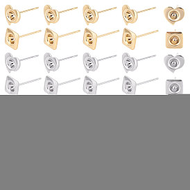 Unicraftale 60Pcs Square & Heart 304 Stainless Steel Ear Stud Components, with 120Pcs Glass Pointed Back Rhinestone and Silicone Ear Nuts, for DIY Earring Making Kits