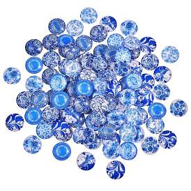 Blue and White Printed Glass Cabochons, Half Round/Dome