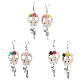 Brass Dangle Earrings, with Alloy Gun & Skull Beads &  Flower Resin Cabochons, for Halloween, Platinum