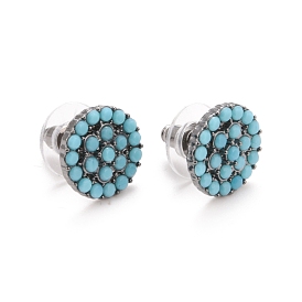 Bohemian Synthetic Turquoise Flat Round Stud Earrings, Alloy Jewelry for Women, Gunmetal