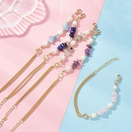 Природных драгоценных камней чип бисер браслеты ссылку, латунные многослойные браслеты из цепочек-панцирей для женщин, с натуральным культивированным пресноводным жемчугом