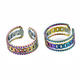 Curb Chain Shape Cuff Rings, Hollow Wide 3 Line Open Rings, Rainbow Color 304 Stainless Steel Rings for Women