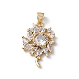 Rack Plating Brass Micro Pave Clear Cubic Zirconia Pendants, Lead Free & Cadmium Free, Long-Lasting Plated, Flower Charm