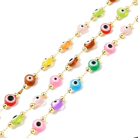 Handmade Brass Cable Chain, with Glass Evil Eye Beaded, Long-Lasting Plated, Soldered, with Spool
