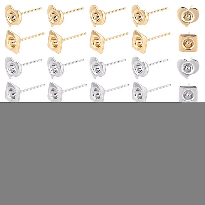 60Pcs Square & Heart 304 Stainless Steel Ear Stud Components, with 120Pcs Glass Pointed Back Rhinestone and Silicone Ear Nuts, for DIY Earring Making Kits