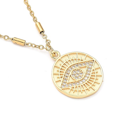 Brass Micro Pave Clear Cubic Zirconia Pendant Necklaces, with Spring Ring Clasps, Flat Round with Evil Eye