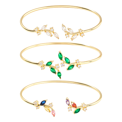 3 шт. 3 цвета элегантные латунные браслеты-манжеты в форме листа с кубическим цирконием для женщин
