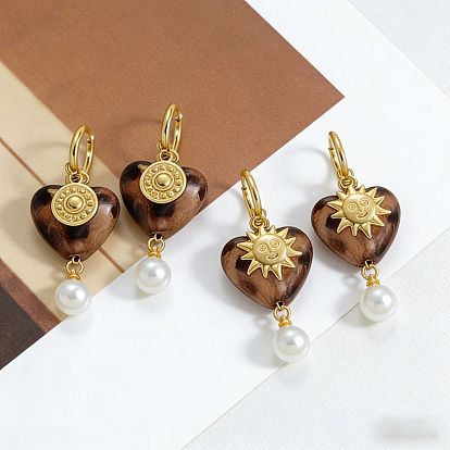304 pendientes de aro de acero inoxidable para mujer, corazón, Pendientes colgantes de perlas de resina y plástico, dorado