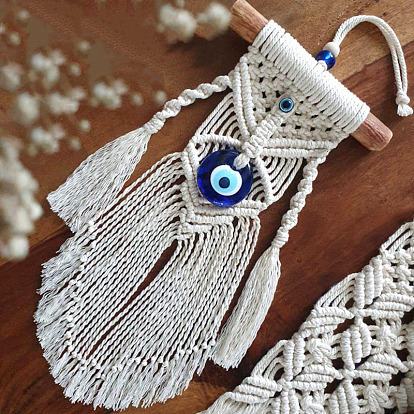 Cotton and Linen Cord Macrame Woven Tassel Wall Hanging, Glass Evil Eye Hanging Ornament with Wood Sticks, for Home Decoration