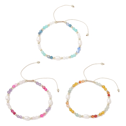 3Pcs Natural Mixed Gemstone & Cultured Freshwater Pearl Beads Braided Bead Bracelets for Women