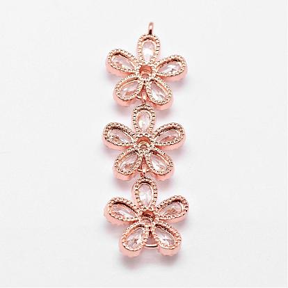 Brass Micro Pave Cubic Zirconia Links, Flower, 42x14x5mm, Hole: 1.5mm