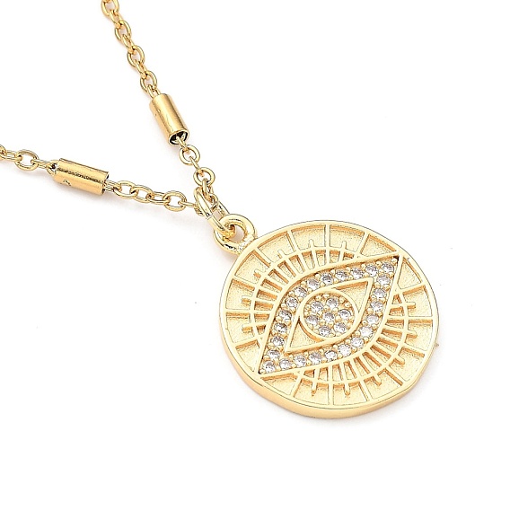 Brass Micro Pave Clear Cubic Zirconia Pendant Necklaces, with Spring Ring Clasps, Flat Round with Evil Eye