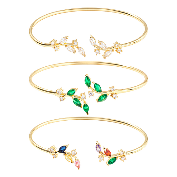 3 шт. 3 цвета элегантные латунные браслеты-манжеты в форме листа с кубическим цирконием для женщин