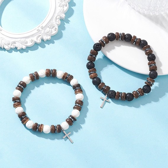 2Pcs Adjustable Natural Coconut & Lava Rock & Synthetic Lava Rock Beads Stretch Bracelets, with 201 Stainless Steel Cross Charm for Women
