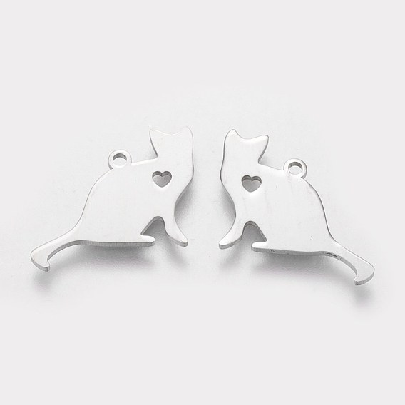304 Stainless Steel Kitten Pendants, Cat Silhouette Shape with Heart