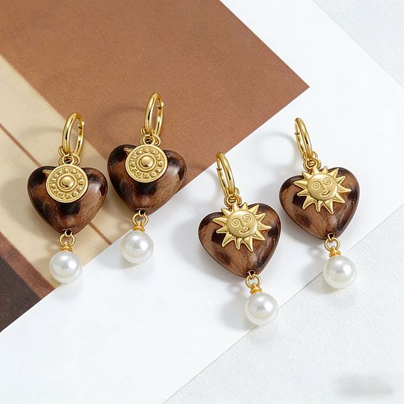 304 pendientes de aro de acero inoxidable para mujer, corazón, Pendientes colgantes de perlas de resina y plástico, dorado