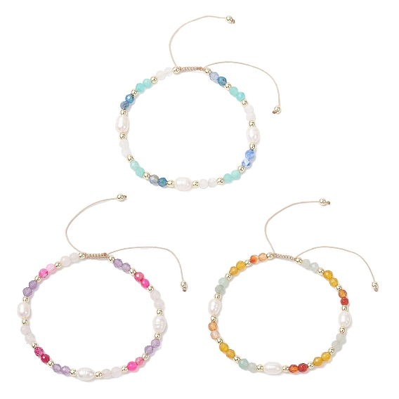 3Pulseras de cuentas trenzadas con piedras preciosas mixtas naturales y perlas de agua dulce cultivadas para mujer