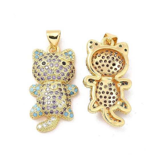Brass Micro Pave Cubic Zirconia Pendant, Cat Charm, Golden