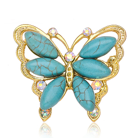 Synthetic Turquoise Butterfly Brooch Pin with Rhinestone, Alloy Badge for Women