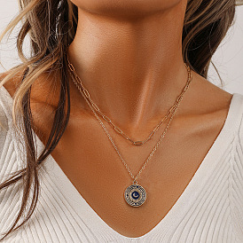 Niche design fashionable double layer round coin galaxy moon oil dripping necklace versatile personality women