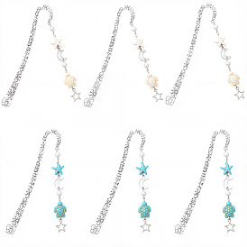 6 шт. 2 цвета закладки с крючками из сплава, закладки для книг в виде морской звезды, черепахи, синтетической бирюзы и сплава со звездой и луной