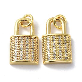 Brass Micro Pave Clear Cubic Zirconia Pendants, Long-Lasting Plated, with Jump Ring, Lock