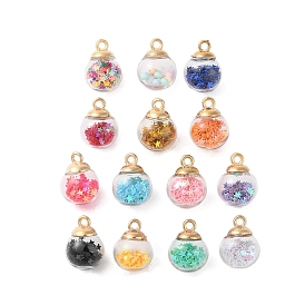 Glass Round Pendants, with Plastic Finding and Foam Glitter