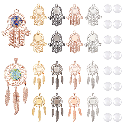 16 piezas 4 colores mano de hamsa y red/web aleación colgante cabujones configuraciones, con 16 piezas de cabujones de vidrio transparente, kits de fabricación de colgantes de bricolaje