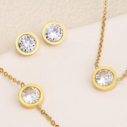 Плоские круглые 304 браслеты из нержавеющей стали с прозрачными кубическими цирконами, серьги-гвоздики и ожерелья с подвесками