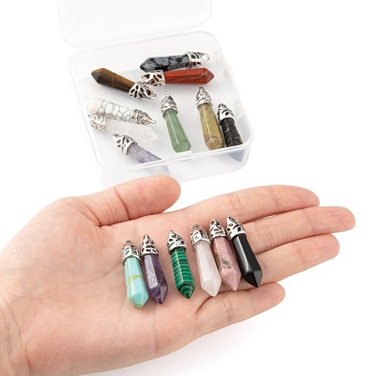 15Pcs 15 Style Natural & Synthetic Gemstone Pendants, with Platinum Tone Brass Findings, Bullet
