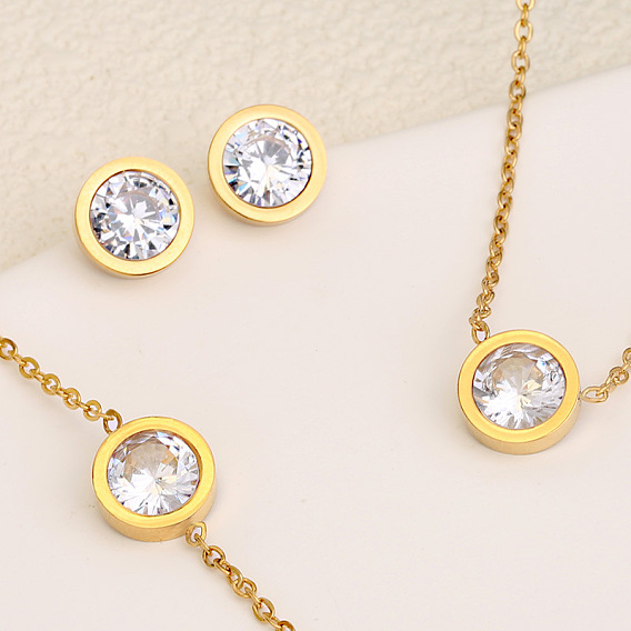 Плоские круглые 304 браслеты из нержавеющей стали с прозрачными кубическими цирконами, серьги-гвоздики и ожерелья с подвесками