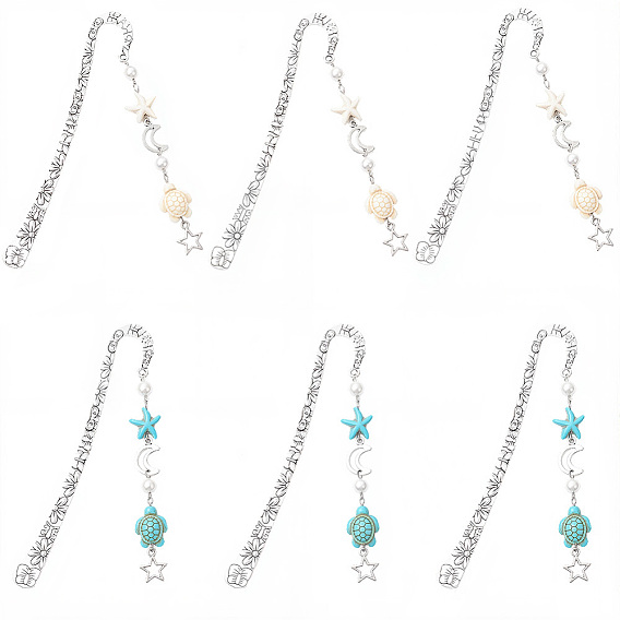 6 шт. 2 цвета закладки с крючками из сплава, закладки для книг в виде морской звезды, черепахи, синтетической бирюзы и сплава со звездой и луной