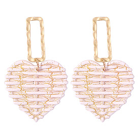 Wooden Woven Dangle Stud Earrings, with Alloy Findings, Resort Style, Heart
