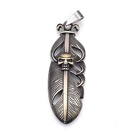 Tibetan Style Alloy Big Pendants, Feather with Skull