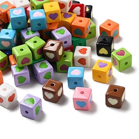 Opaque Enamel Acrylic Beads, Cube with Heart Pattern