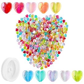 Eco-Friendly Transparent Acrylic Beads, Heart, Dyed, AB Color, with Clear Elastic Crystal Thread