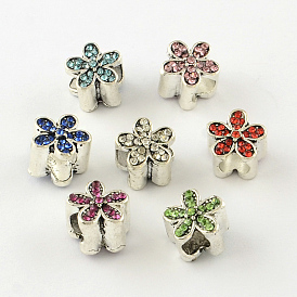 Flower Antique Silver Tone Alloy Rhinestone European Beads, Large Hole Beads, 10.5x11x9.5mm, Hole: 5mm