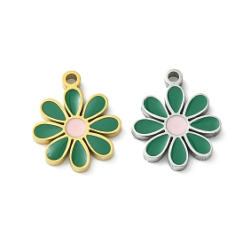 304 Stainless Steel Manual Polishing Charms, with Enamel, Flower Charm