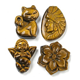 Natural Tiger Eye Carved Cabochons, Grade A, Chief & Cat Shape & Flower, Mixed Shapes