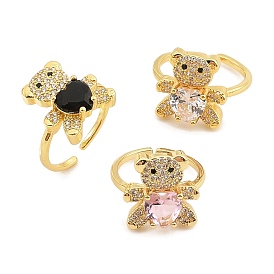 Rack Plating Brass Micro Pave Cubic Zirconia Open Cuff Rings for Women, with Glass, Real 18K Gold Plated, Bear