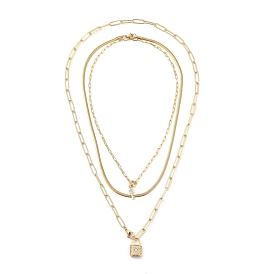 Necklace Sets, 304 Stainless Steel Herringbone Chain Necklaces & Brass Micro Pave Clear Cubic Zirconia Pendant Necklaces, with Paperclip Chains, Lock & Key