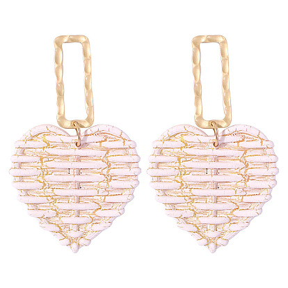 Wooden Woven Dangle Stud Earrings, with Alloy Findings, Resort Style, Heart