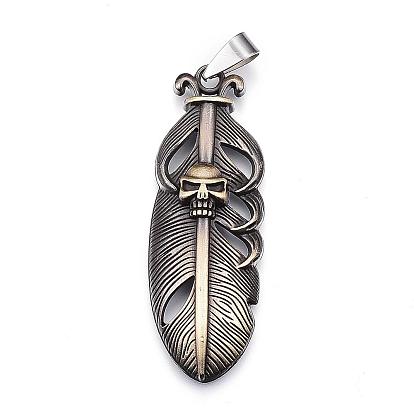 Tibetan Style Alloy Big Pendants, Feather with Skull