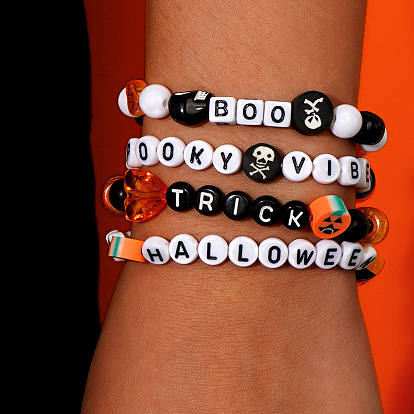 4шт. жуткие браслеты на Хэллоуин из акрила и стеклянных бусин, эластичные, Украшения с подвесками в виде тыквы и привидения, унисекс.