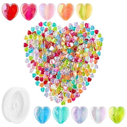 Eco-Friendly Transparent Acrylic Beads, Heart, Dyed, AB Color, with Clear Elastic Crystal Thread