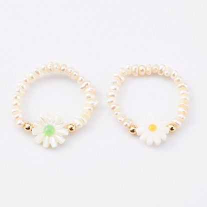 2Pcs 2 Colors Natural Pearl Beaded Stretch Rings Sets, with Natural Shell Beads, Flower