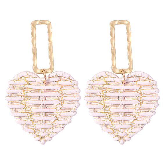 Wooden Woven Dangle Stud Earrings, with Alloy Findings, Resort Style, Heart