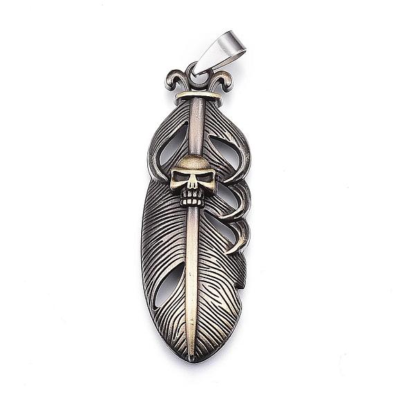 Tibetan Style Alloy Big Pendants, Feather with Skull